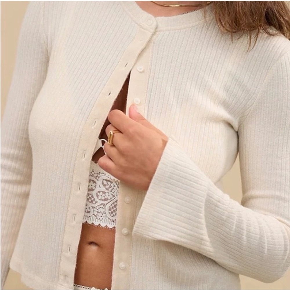 Aerie‎ Women Preppy Cardigan Sweater Large Cream Ribbed Knit Shimmer Coquette - Picture 2 of 11
